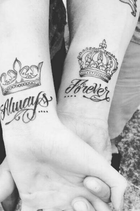 King and queen crown tattoos are a popular means for couples to express their passionate love. However, there are a few other… King And Queen Crown Tattoo, Tattoo Designs For Couples, Queen Tattoos, King Queen Tattoo, Queen Crown Tattoo, Couple Tat, Crown Tattoos, Him And Her Tattoos, King And Queen Crowns