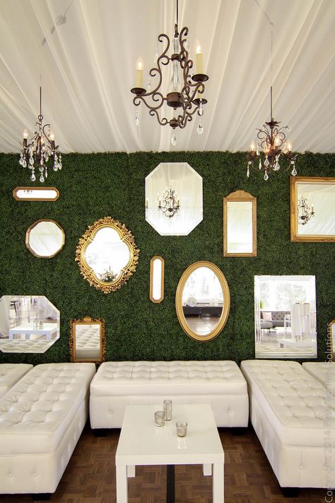 Custom Boxwood Hedge Wall, Gold Mirrors, Chandeliers and Lounge Furniture by Pink Monkey Solutions Lounge Backdrop, Boxwood Hedge Wall, Hedge Wall, Gold Mirrors, Pink Monkey, Boxwood Hedge, Pink Monkeys, Backdrop Ideas, Wall Backdrops