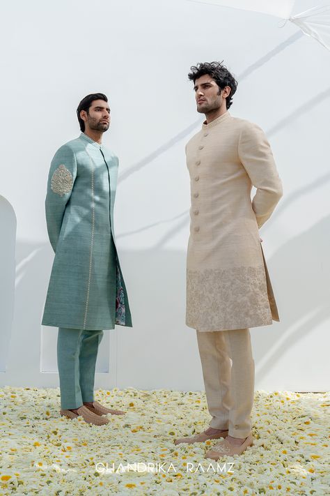 Sage green falling raw silk classic achkan sherwani with bold buta embroidery on sleeve sage green satin linen trouser #Guldavari #GuldavariCollection #NewCollection #LatestCollection #ComingSoon #FloralCollection #Floral #GuldavariRose #Raamz #ChandrikaRaamz #RaamzOfficial #Chandrika #MensFashion #MensStyle #RaamzMen #MensStyling #Designer #DesignerStore Politician Outfit, Achkan For Men, Indian Politician, Indian Wedding Clothes For Men, Wedding Kurta, Wedding Kurta For Men, Group Poses, Mens Kurta Designs, Mens Kurta