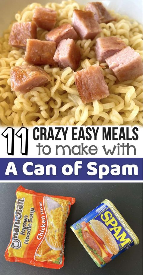 11 Crazy Easy Meals To Make With A Can of Spam Can Food Recipes Easy, Recipes With Spam Meals, Dinner Ideas With Spam, Spam Ramen Noodles, Spam Meals Dinners, Spam And Ramen Noodles, Spam Dinner Ideas, Spam Recipes Lunch, Spam And Rice Bowl