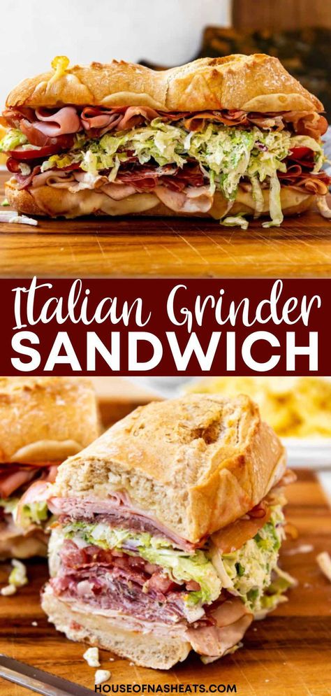 This Italian Grinder Sandwich was a TikTok sensation thanks to the tossed salad topping made with chopped lettuce and pepperoncini in a tangy dressing. Piled high with your favorite Italian lunch meats and melted cheese on a crust roll, this is one heck of a sandwich. It's no surprise that it caught the attention of millions and gets rave reviews! | italian grinder sandwich recipes tiktok | italian grinder sandwiches recipe | italian grinder sandwich recip Italian Grinder Sandwich Recipes, Italian Grinder Sandwich, Grinder Sandwiches, Italian Grinder, Club Sandwiches, Grinder Sandwich, Salad Topping, Italian Lunch, Recipes Tiktok