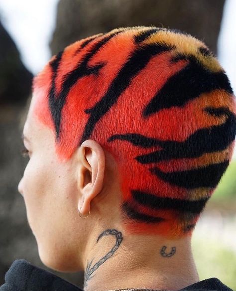 Tiger Hairstyle, Tiger Stripes Hair, Growth Is Painful, Tiger Hair, Tony The Tiger, Hair Colour Design, Dyed Hair Men, Dyed Hair Blue, Shaved Hair Designs