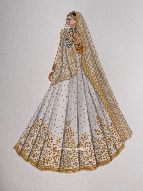 Indian Bridal Illustration, Lehenga Fashion Illustration, Bridal Drawing, Show Embroidery, Lengha Dress, Bride Fashion Illustration, Drawing Embroidery, Fashion Illustration Drawing, Outfit Illustration