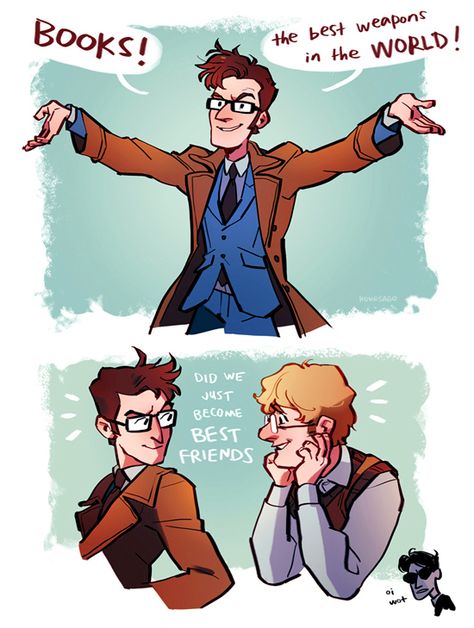 Doctor Who / Good Omens. Let's talk about the little Crowley at the bottom going "Oi, wot?" XD Doctor Who Good Omens, Doctor Who X Good Omens, Good Omens Doctor Who, Good Omens Supernatural, The Good Omens, Good Omens Book, Ineffable Husbands, Fandom Crossover, Terry Pratchett