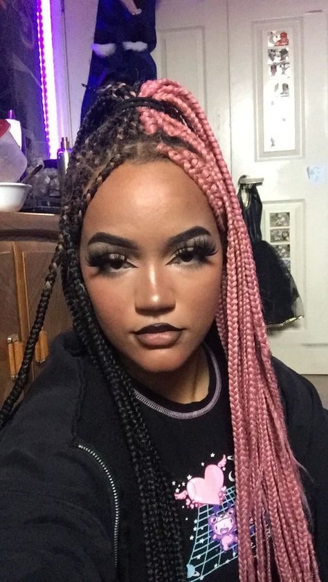 Pink Black Box Braids, Split Colored Box Braids, Two Color Box Braids Half, Fun Box Braids Hairstyles, Half Black Half Blonde Hair Box Braids, Spilt Dye Box Braids, Decorated Box Braids, Box Braids Split Color, Half And Half Colored Braids