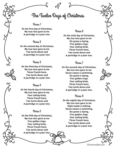 Free printable lyrics for The Twelve Days of Christmas. Download them at https://christmasowl.com/download/lyrics/the-twelve-days-of-christmas/ Xmas Carols Song Lyrics, We Three Kings Lyrics Free Printable, The Twelve Days Of Christmas, 12 Days Of Christmas Lyrics, Yule Lads, Christmas Carols Lyrics, Christmas Carols Songs, Carol Songs, Christmas Songs Lyrics