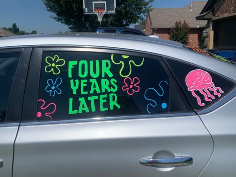 Car Chalk Window Ideas Birthday, Car Graduation Decorations Paint, Decorated Senior Cars, Just Graduated Car Paint, Car Window Decorations For Graduation, Car Writing On Windows For Graduation, Senior Truck Decorations, Senior Car 2024, Car Markers Window Ideas Graduation