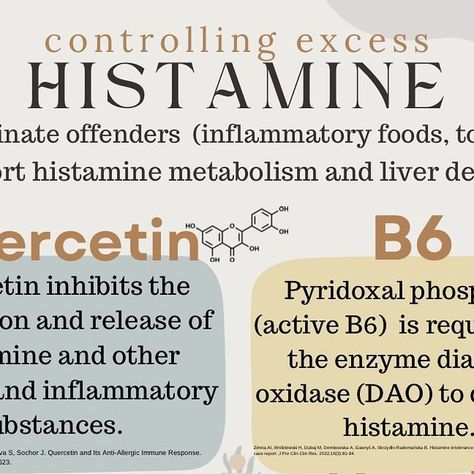 @wellflourish on Instagram: "✨How to lower inflammation by balancing histamine✨: ‘Histamine intolerance’ is an imbalance in the amount of histamine your body is producing and its ability to break it down. Prolonged excess histamine contributes to chronic inflammatory symptoms, most commonly digestive issues. (Also- migraine headache, fatigue, worsened eczema, congestion, poor sleep, joint pain and more.) read the following tips on how to balance histamine levels. 1. Eliminate offenders (inflammatory foods, toxins, mold, etc) 2. Support histamine metabolism and liver detoxification: ✨Quercetin -Quercetin inhibits the production and release of histamine and other allergic and inflammatory substances. ✨B6 - Pyridoxal phosphate (active B6) is required for the enzyme diamine oxidase (D How To Lower Histamine Levels, Quercetin Foods, Diamine Oxidase, Histamine Intolerance, Migraine Headache, Lower Inflammation, Liver Detoxification, Digestive Issues, Inflammatory Foods