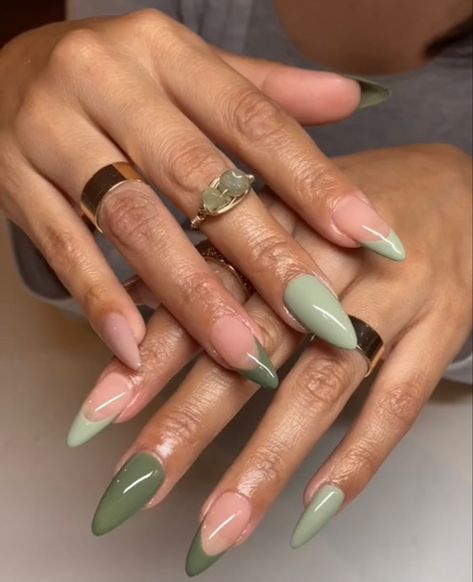 Green Nails Sage, Light And Dark Green Nails, Light Purple And Green Nails, March Almond Nails, Olive Green And Gold Nails, Nude And Green Nails, Green Almond Nails Designs, Nails Inspo Green, Spring Green Nails