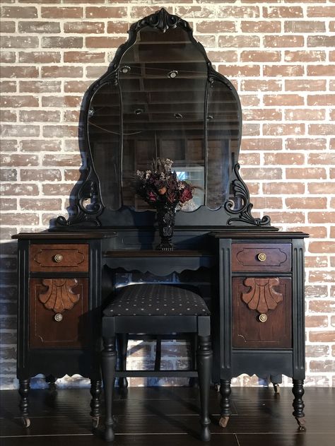 Refurbished Antique Vanity, 2 Toned Furniture, Antique Vanity Aesthetic, Refurbished Antique Furniture, Refinished Vanity Antique, Antique Vanity Ideas, Vanity Refurbished Diy, Vintage Vanity Ideas, Vanity Makeover Ideas