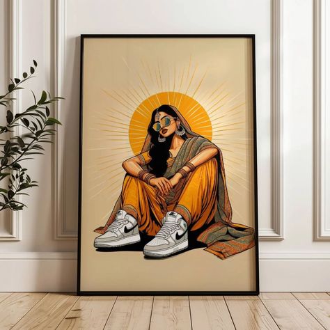 Women with Sneakers #IndianWomenArt #DesiArt #FeministArt #WomenWithSwag #CulturalArt #GirlPower #EmpowermentArt #ModernArt #SneakerStyle #DigitalDownloadArt #WomenInArt #IndianCulture #LivingRoomDecor #FeministPoster #WallArtDecor #SwagArt #ArtForHome #FeministVibes #DigitalArtPrint #CultureDecor #ArtCollectors #BoldArt #ArtForWalls #WomenEmpowerment #DesiCulture #ContemporaryArt #ArtLovers #HomeStyle South Asian Wall Art, Indian Art Style, Indian Woman Illustration, Indian Modern Art, Indian Woman Art, Indian Pop Art, Feminist Poster, Desi Art, Modern Indian Art