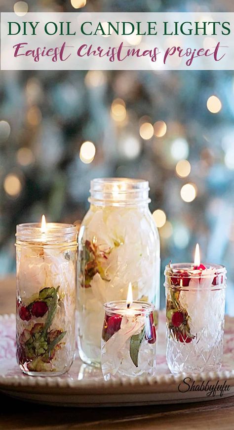 DIY Oil Candle Lights that you can make for Christmas using items that you probably already have on hand. Turn your mason jars into beautiful Christmas lanterns for indoors or outside on the porch! #christmaslights #christmascandles #candlediy #holidaydecorating #holidaycrafts #shabbyfufu Oil Candles Diy, Christmas Gift Ideas For Mom, Oil Lamp Candle, Hand Dipped Candles, Oil Candle, Gift Ideas For Mom, Diy Oils, Holiday Candles, Christmas Lanterns