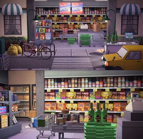 Stores Animal Crossing, Animal Crossing Store Design, Acnh Stores Ideas, Animal Crossing Grocery Store Design, Acnh Convience Store, Acnh Supermarket Design, Acnh Grocery Store Design Codes, Acnh Pet Store, Acnh Outdoor Market