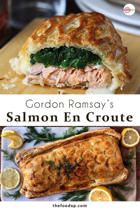 Gordon Ramsay's Salmon En Croute is a beautifully made dish that uses a handful of simple and fresh ingredients. It is best for dinner parties or any occasion. You can get the whole recipe on the THEFOODXP blog. #gordonramsaysalmonencroute #gordonramsaysalmonencrouterecipe #gordonramsayrecipes #salmonencrouterecipegordonramsay #salmonencroute #salmonencrouterecipe Salmon Terrine En Croute, Salmon Dinner Party Recipes, Salmon On Croute Recipe, Salmon En Croute Recipe Gordon Ramsay, Minced Salmon Recipes, En Croute Recipes, Salmon Wellington Recipe Gordon Ramsay, Fancy Salmon Recipes, French Main Course