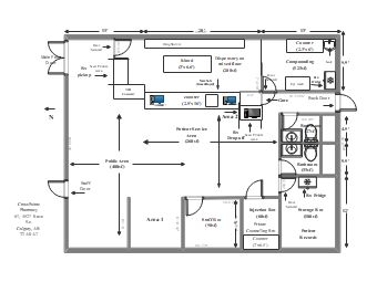 This detailed pharmacy floor plan illustrates different areas such as the patient service area, compounding room, dispensary, public area, and private counseling rooms. The layout optimizes the workflow between the front desk, dispensing, patient service, and staff areas, making it efficient for both customer service and operational requirements. This design also includes critical details like room dimensions and locations of key counters, storage, and patient consultation areas. Pharmacy Layout Plan, Pharmacy Floor Plan, Pharmacy Layout, Service Area, Plan Layout, Pharmacy Design, Floor Plan Layout, Office Layout, The Patient