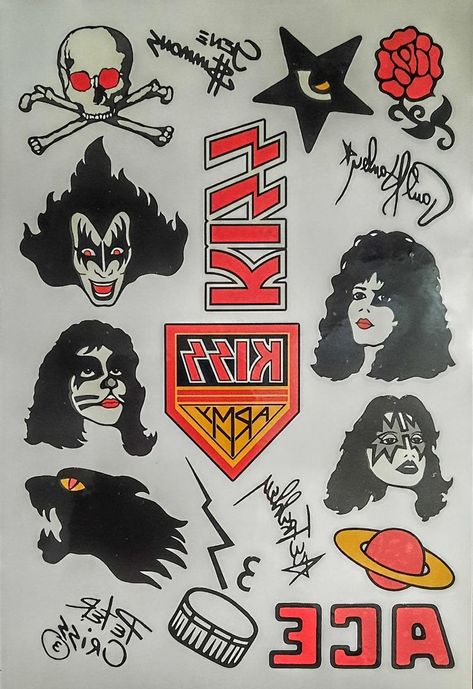 kiss tattoo set Kiss Svg Band, Glam Rock Tattoo, Kiss Band Tattoo Ideas, Kiss Band Tattoo, School Kiss, Kiss Tattoo, Banda Kiss, Kiss Tattoos, Hoco Ideas