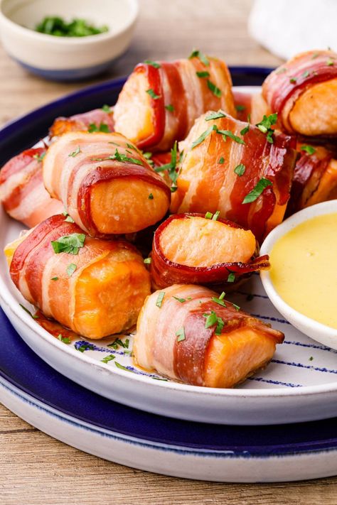 Keto Salmon Bites, Bacon Wrapped Salmon Bites, Bacon Wrapped Salmon, Creamy Honey Mustard, Salmon Bites Recipe, Creamy Honey, Mustard Dip, Honey Mustard Dipping Sauce, Keto Salmon