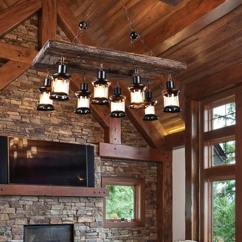 Millwood Pines Agaran 8 - Light Unique Geometric Chandelier with Wood Accents | Wayfair Barn House Interior, Dining Room Light Fixture, Lake Houses, Wooden Chandelier, Lantern Chandelier, Wooden Pendant Lighting, Rectangle Chandelier, Rustic Home Design, Farmhouse Chandelier