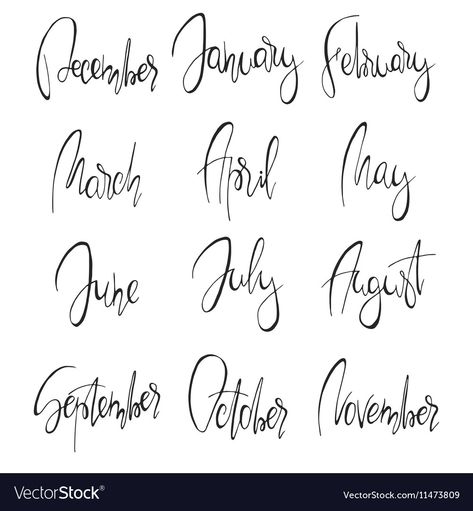 Month Fonts Hand Lettering, Month Calligraphy Hand Lettering, Months Calligraphy Fonts, Calligraphy Months Of The Year, Months Written In Calligraphy, Bullet Journal Front Page, Calligraphy Borders, Hand Lettering Cards, Bullet Journal Quotes