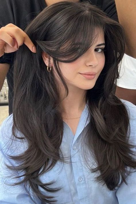 17 Curtain Bangs Looks That Give Off Old Money Vibes Long Hair Soft Bangs, Nice Haircuts For Long Hair, Curtain Bangs Round Face Medium Length, Curtain Bangs Long Hair Round Face, Hair Cuts For Thinner Hair 2024, Deep Bangs, Hair Cuts Ideas For Round Face, Middle Parted Bangs, Longer Curtain Bangs