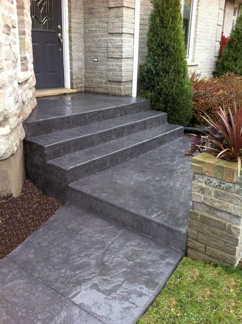 concrete steps Stamped Concrete Stairs Front Steps, Stamped Concrete Steps Front Porches, Stamped Concrete Front Porch, Stamped Concrete Steps, Stone Stamped Concrete, Concrete Front Steps, Stamped Concrete Walkway, Concrete Front Porch, Concrete Stamp