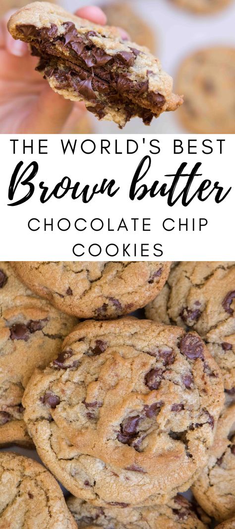 These toffee flavored brown butter chocolate chip cookies are the world's best cookies! They have a nutty flavor that pairs perfectly with the chocolate chips. One bite into these soft and chewy cookies and you will never go back! Chocolate Chip Cookies Crispy, Brown Butter Chocolate Chip, Brown Butter Cookies, The Best Chocolate Chip Cookies, Brown Butter Chocolate Chip Cookies, Best Chocolate Chip Cookies, Best Chocolate Chip, Butter Toffee, Perfect Chocolate Chip Cookies