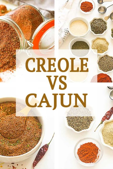 Creole vs. Cajun – Both seasoning styles boast heavenly flavor. Some may not see the big deal in the difference, but others are very passionate about the distinction. So if you’ve ever wondered, wonder no more. #spices Cajun Spice Recipe, Cajun Recipes Louisiana, Cajun Pasta Recipes, Cajun Seasoning Recipe, Creole Spice, Cajun Spice Mix, Homemade Cajun Seasoning, Creole Cooking, Spice Blends Recipes