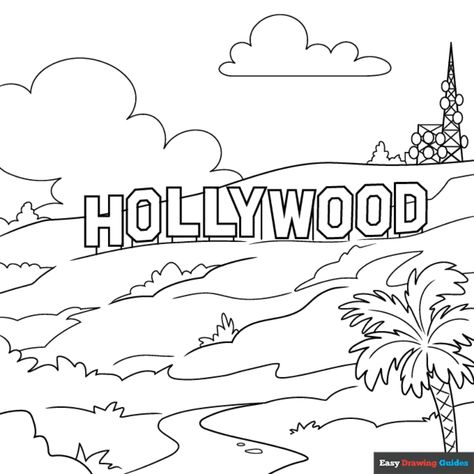 Free Hollywood Sign Coloring Page for Kids Hollywood Sign Drawing, Hollywood Sign Pictures, Hollywood Illustration, Hollywood Cartoon, Easy Drawing Guides, Drawing Guides, Popular Cartoons, Kids Print, Hollywood Sign