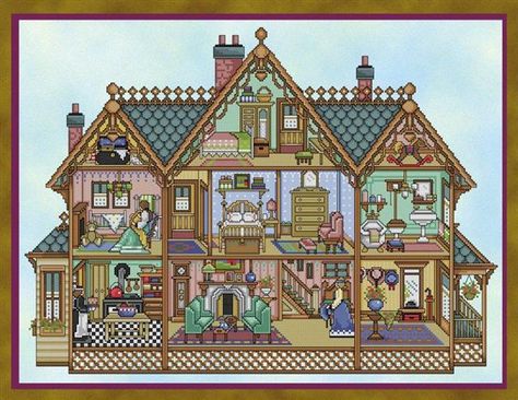 click here to view larger image of Victorian Dollhouse (chart) Dollhouse Artwork, Victorian Cross Stitch, Stitch Doll, Cross Stitch House, Victorian Dollhouse, Victorian Dolls, Diy Cross, Diy Cross Stitch, Craft Shop