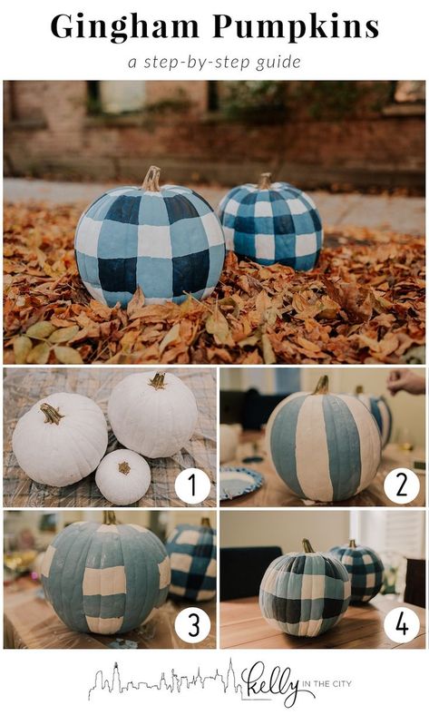 Easy step by step process to create blue and white GINGHAM pumpkins! Create your own pumpkin decor. These DIY gingham pumpkins are super easy, follow these steps to DIY Fall decor. Diy Pumpkins Painting, Diy Fall Decor, Halloween Pumpkins Painted, Blue And White Gingham, Creative Pumpkins, Pumpkin Decor, Pumpkin Painting, Pumpkin Crafts, Fall Decor Diy