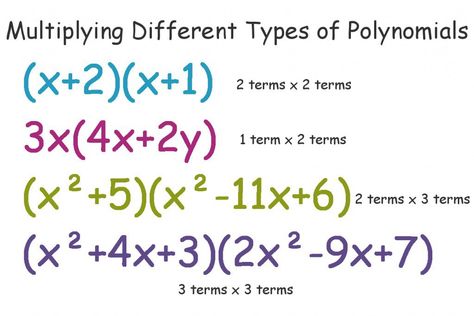 Learn how to multiply different types of polynomials. Learn how to multiply binomials using the FOIL method. This guide also teaches the grid method and explains why it's arguably the best way to multiply polynomials. Multiply Polynomials, College Algebra Help, Maths Knowledge, Polynomials Worksheet, Algebra Help, Multiplying Polynomials, Polynomial Functions, College Math, High School Math Classroom