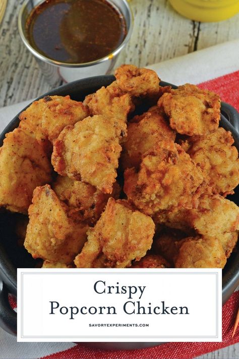 This Popcorn Chicken Recipe is a simple and easy to make deliciously crispy popcorn chicken bites at home. Great for game days, parties or even lunch! #popcornchicken #howtomakepopcornchicken www.savoryexperiments.com  via @savorycooking Oven Baked Chicken Bites, Homemade Popcorn Chicken, Baked Chicken Bites, Stovetop Popcorn Recipes, Crispy Chicken Bites, Fried Chicken Bites, Frying Recipes, Fried Chicken Nuggets, Chicken Bites Recipes