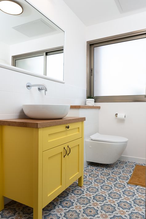 I designed a small and comfotable Yellow cupboard in this colorful bathroom Colorful Bathroom Furniture, Yellow Cabinets Bathroom, Vanity Cupboard Bathroom, Small Colourful Bathroom Ideas, Small Bathroom Colourful, Yellow Bathroom Cabinets, Yellow Small Bathroom, Mustard Bathroom Decor, Blue And Yellow Bathroom Ideas