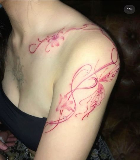 Red Shoulder Tattoo, Light Pink Tattoo, Pink Tattoo Ink, Colour Tattoo For Women, Floral Back Tattoos, Pink Tattoo, Fire Tattoo, Pretty Tattoos For Women, Cute Tattoos For Women