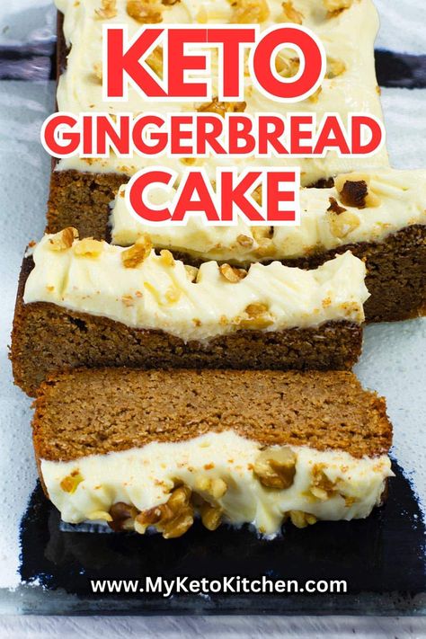 This delicious keto gingerbread cake isn't just perfect for the festive season. It's the ideal accompaniment with tea, coffee, or dessert all year round. This keto gingerbread cake is moist and easy to make with only 2g net carbs per slice. Keto Gingerbread Pound Cake, Keto Gingerbread Loaf, Keto Gingerbread Cake, Christmas Keto Recipes, Keto Christmas Desserts, Keto Loaf, Keto Cake Recipes, Gingerbread Loaf Cake, Low Carb Holiday Desserts