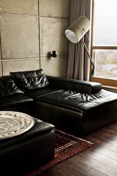 Modern black leather sectional. Black Leather Couch, Living Room Chaise, Abigail Ahern, Cement Wall, Black Leather Sofas, Fiber Cement, Leather Couch, Black Sofa, Brutalism