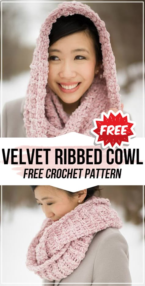 crochet Velvet Ribbed Cowl free pattern - easy crochet cowl pattern for beginners Crochet Hooded Scarf Pattern, Crochet Hooded Cowl, Crochet Cowl Free Pattern, Crochet Cowls, Crochet Hooded Scarf, Cowl Crochet, Free Pattern Crochet, Crochet Scarfs, Crocheted Scarf