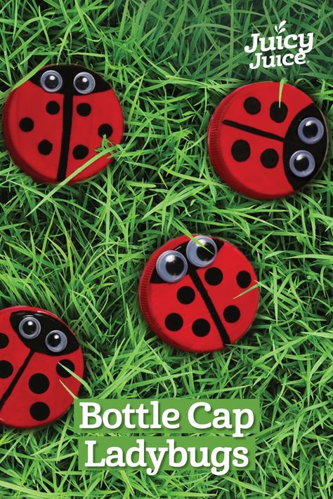 Make your own lucky little Juicy Juice Bottle Cap Ladybugs with this fun craft for kids! Materials: Red paint A paintbrush Googly eyes A black marker Juicy Juice bottle caps Bottle Cap Ladybugs, August Crafts For Adults, Bottle Cap Crafts For Kids, Plastic Bottle Cap Crafts, Lid Crafts, Juicy Juice, Ladybug Crafts, Juice Bottle, Bottle Cap Art