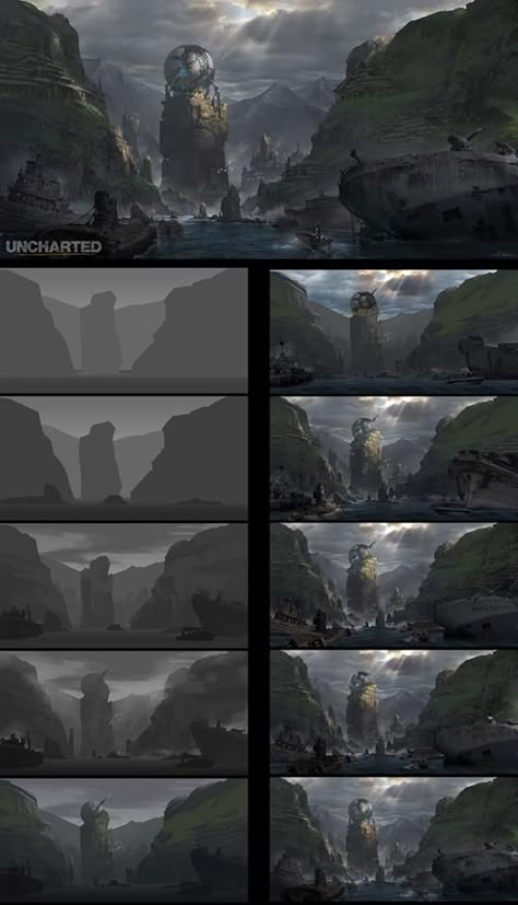 Pengzhen Zhang‎ Grey Scale Painting, Pengzhen Zhang, Environment Painting, Grey Scale, Concept Art Tutorial, Digital Painting Techniques, Photoshop Painting, Landscape Concept, Drawing Process