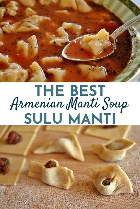 Sulu Manti (Manti Soup) is an Armenian soup featuring beef-stuffed dumplings simmered in a lemony tomato broth. It's the ultimate bowl of comfort on a cold winter's day. Manti Armenian, Manti Dumplings, Memes Recipes, Manti Recipe, Stuffed Dumplings, Armenian Food, Georgian Food, Armenian Recipes, Homemade Soup Recipe