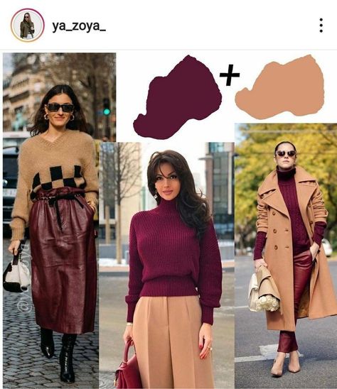 Colour Matching Clothes, Fashion Color Combos, Outfit Color Combinations, Outfits Modernos, Looks Kate Middleton, Maroon Outfit, Rok Outfit, Colour Combinations Fashion, Burgundy Outfit