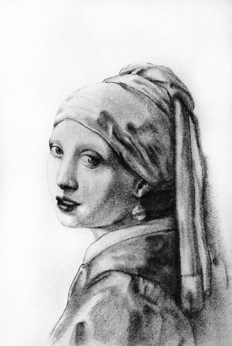 Drawing of "Girl with a Pearl Earring" by Johannes Vermeer, (Netherlands, 1667) The Dutch Mona Lisa. Drawing Of Girl, Girl With A Pearl Earring, Johannes Vermeer, Pearl Earring, Girl Drawing, Mona Lisa, Netherlands, Pearl Earrings, Drawings