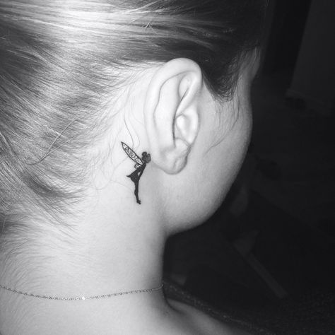 #tinkerbelle #tattoo #fairy Fairy Behind Ear Tattoo, Fairy Neck Tattoos Women, Fairy Tattoo Behind Ear, Fine Like Fairy Tattoo, Fairy Whispering In Ear Tattoo, Tattoos Behind The Ear, Tattoo Fairy, Whimsical Tattoos, Ear Tattoo Ideas