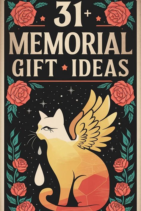 Illustration of a crying cat with angel wings surrounded by roses, and the text "31+ Memorial Gift Ideas". Diy Pet Loss Gifts, Pet Memorial Ornament Diy, Cricut Pet Memorial Ideas, Pet Memory Ideas, Pet Memorial Ideas Cat, Pet Grave Ideas, Cat Memorial Ideas, Sympathy Gift Ideas, Pet Memorial Ideas