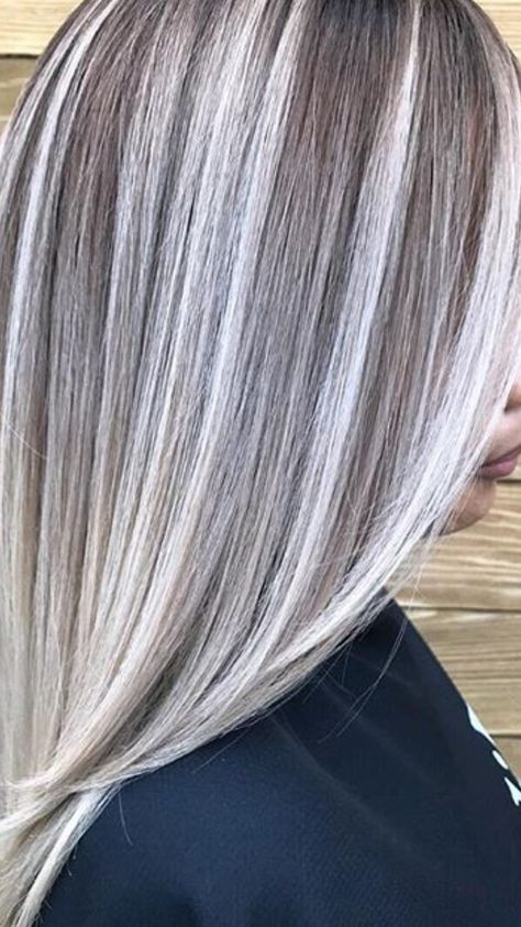 Platinum To Grey Hair, Mocha And Blonde Hair, Mushroom Brown Hair With Platinum Highlights, Silver Blonde Hair Highlights, Grey Hair With Lowlights, Silver Hair With Lowlights, Grey Hair Color Silver, Hair With Lowlights, Grey Hair Transformation