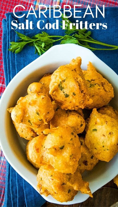 Salt Fish, Fish Fritters, Caribbean Recipes Authentic, Saltfish Accra Recipe, Codfish Fritters Recipe, Cod Fritters Recipe, Salt Fish Recipe, Salt Fish Fritters Jamaican, Whitebait Fritters