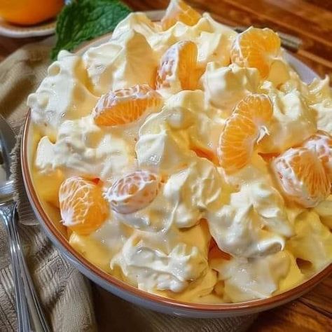 Grandma's Secret Recipes | "My mom has made this for years | Facebook Orange Dreamsicle Salad, Strawberry Cheesecake Trifle Recipe, Dreamsicle Salad Recipe, Dreamsicle Salad, Cream Cheese Bars Recipe, Banana Blueberry Oatmeal Muffins, Creamsicle Cake, Candied Pineapple, Heavenly Recipes