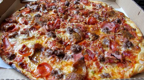 Phatty Magoo | Spicy pizza with pepperoni, sausage, bacon, hamburger, and ham.  At Vero Pizza in Plainville, CT.