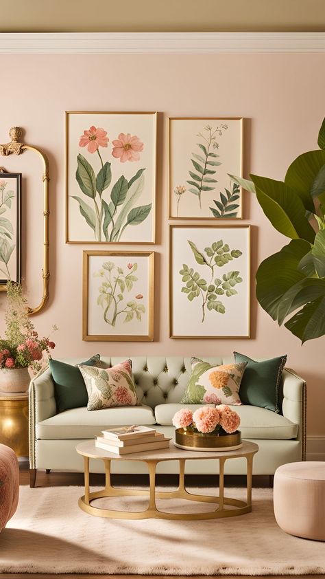 Step into a world of refined elegance and feminine charm with our luxurious Anthropologie-inspired living room. Immerse yourself in the sophisticated ambiance created by opulent furniture and decor, curated to perfection. The pièce de résistance? A stunning botanical gallery wall, adding a touch of nature's beauty to this haven of style. Indulge in the artistry of living with our carefully crafted space – where luxury meets botanical grace. 🌿✨ #LuxuryLiving #FeminineChic #AnthropologieStyle Flat Aesthetic, Botanical Gallery Wall, Botanical Interior, Ideas Habitaciones, Retro Bedroom, Earthy Living Room, Anthropologie Home, Colourful Living Room, Stylish Living Room