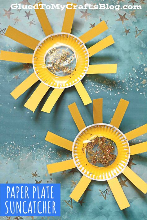 Paper Plate Suncatcher Sunshine - Kid Craft Paper Plate Suncatcher, Preschool Sunshine Craft, Sun Art Kindergarten, Sun Name Craft, Sun And Moon Craft Preschool, Sunshine Art For Kids, Sunshine Preschool Activities, Fun In The Sun Crafts For Preschool, Sun Craft Preschool